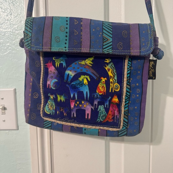 Laurel Burch Mythical Dogs Crossbody Bag - Blue and Purple Stripe Snap Closure - Picture 1 of 13
